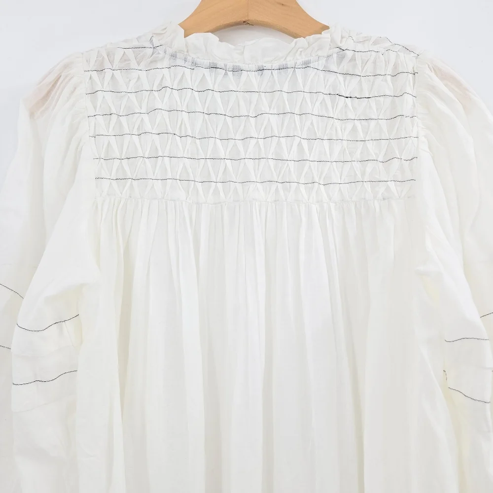 Anthropologie‎ Blouse White Cotton Smocked Peasant Long Sleeve